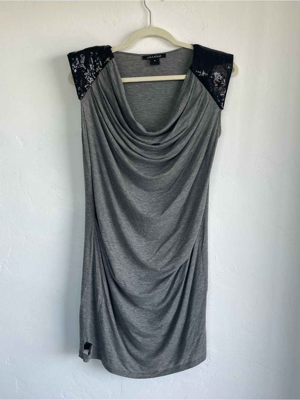 Laila Azhar Gray Draped Mini Dress with Sequin Shoulders